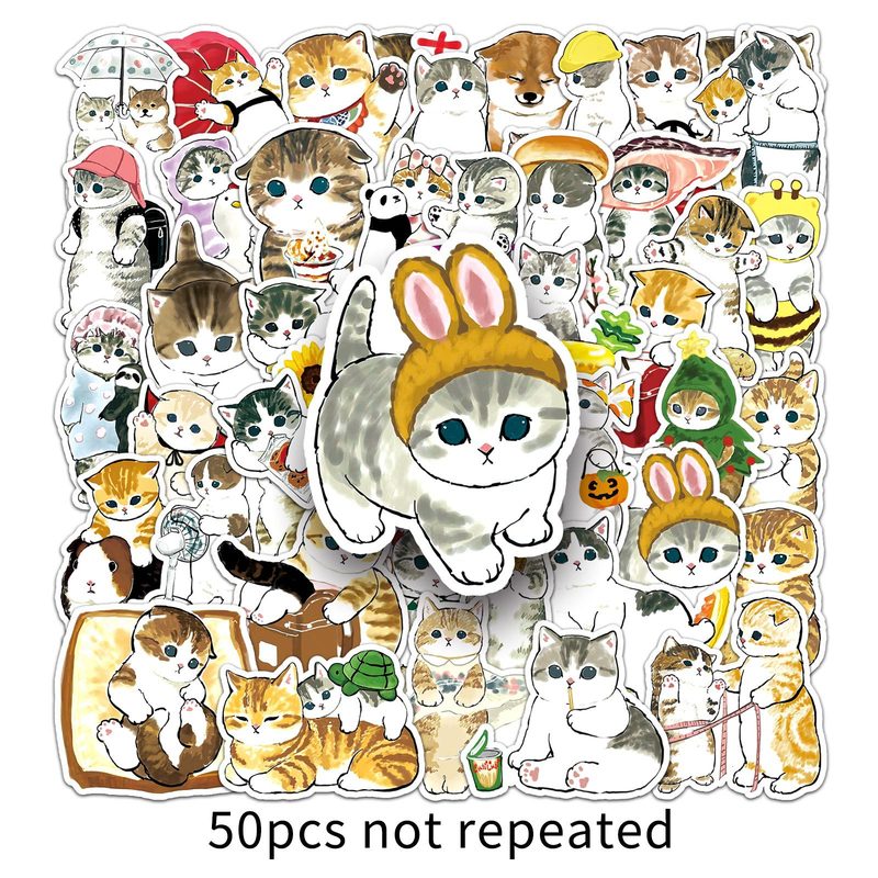 50枚の手描きの子猫の漫画の動物のかわいいカードの素材の防水の装飾の水杯の携帯電話の携帯電話の帳簿のステッカー|undefined