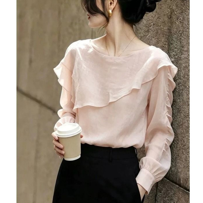 Elegant and sophisticated ruffled long-sleeve shirt for women, early summer style, plus size, stylish and youthful, beautiful top Elegant and sophisticated ruffled long-sleeve shirt for women, early summer style, plus size, stylish and youthful, beautiful top
