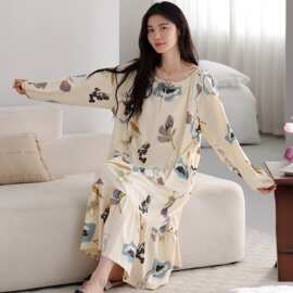 春秋新款纯棉拉架女士长袖套头睡裙睡衣时尚休闲女家居服图片色
