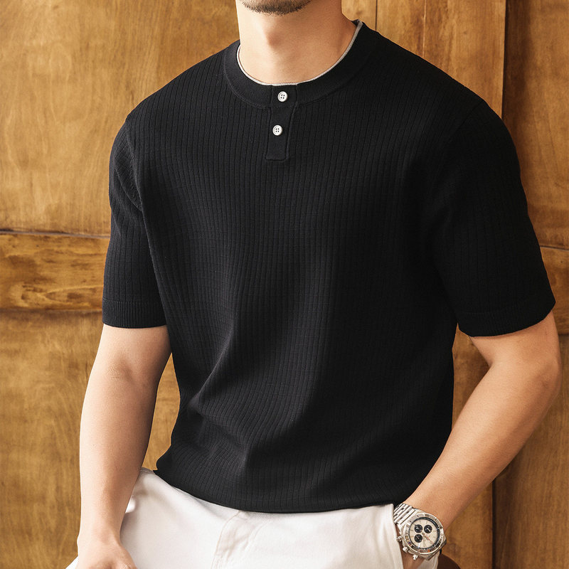 Mori Old Money Style Retro Knitted Short Sleeve Polo Shirt Men's T-Shirt Summer Henley Collar Fake Two-Piece Summer Sweater T-Shirt