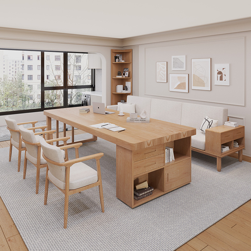 Solid Wood Large Desk with Bookcase Integrated Writing Desk, Simple Modern Living Room Study Table with Drawers, Office Desk, Workbench Solid Wood Large Desk with Bookcase Integrated Writing Desk, Simple Modern Living Room Study Table with Drawers, Office Desk, Workbench