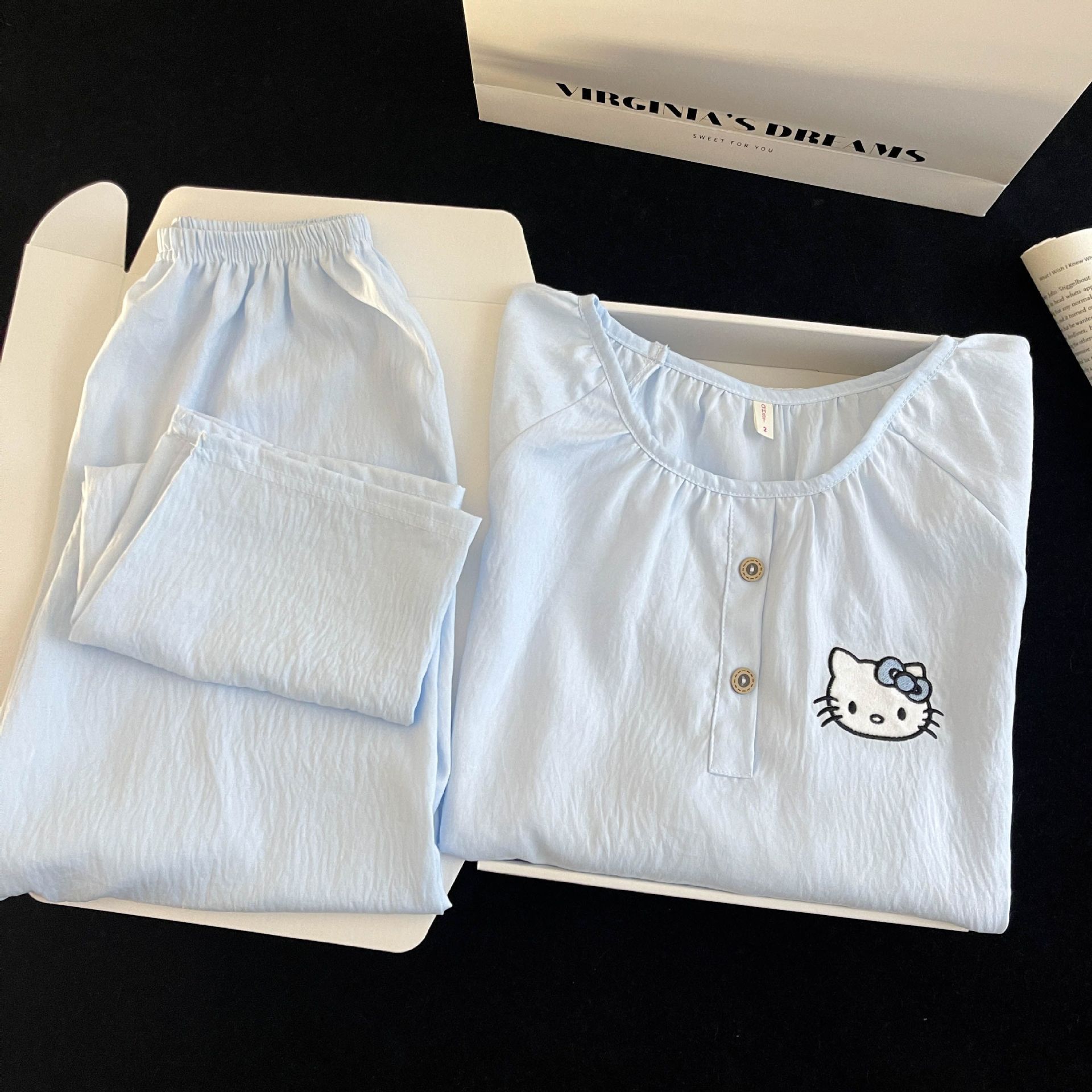 Primavera y otoño pijamas de mujeres dulces dibujos animados nubes de algodón cuello redondo pantalones de manga larga estudiantes chicas en línea set de viento