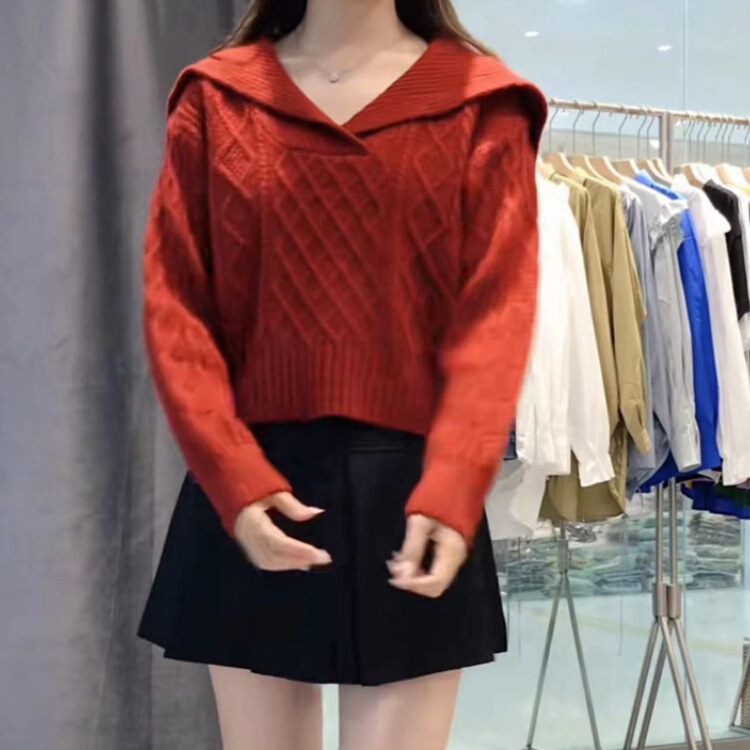 Women's Spring and Autumn High Waist Short Large Lap Retro Sweater Soft Waxy Pullover Long Sleeve Coarse Wool Knitted Top