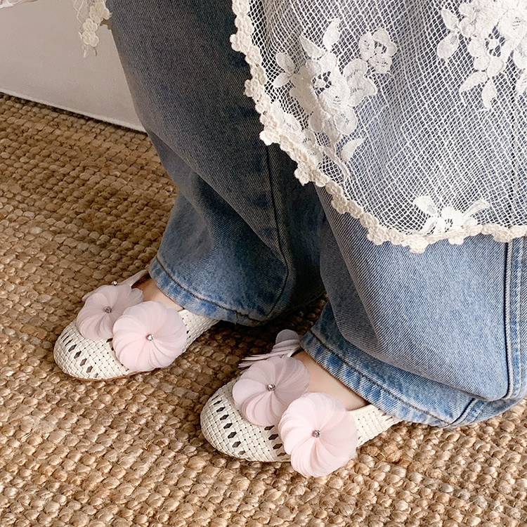 Dép sandal nữ mũi tròn hở gót, quai dệt hoa rỗng thoáng khí, phong cách đơn giản đa năng — bột hoa anh đào, Màu trắng nhạt chi tiết 6
