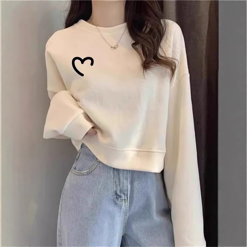Loose Round-Neck Pullover Apricot-Colored Sweatshirt for Women, Short Style for Petite Figures, 2025 Autumn and Winter New Model, Hoodless, Fleece-Lined Top, Trendy