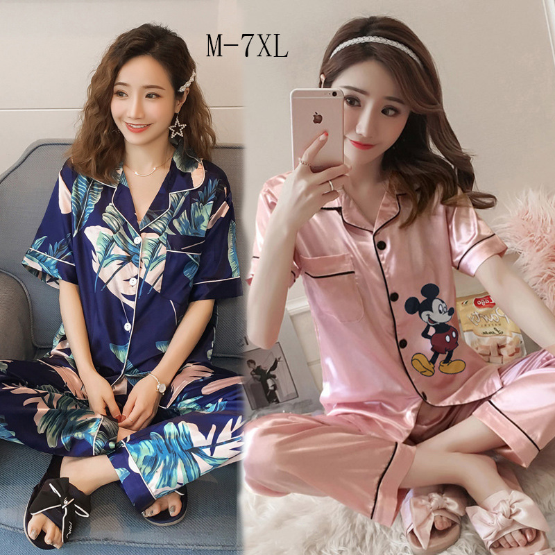 Foreign Trade Home Clothes Couple's Silk Short-sleeved Pants Pajamas Women's Summer Ice Silk Summer Plus Large Size M-7XL