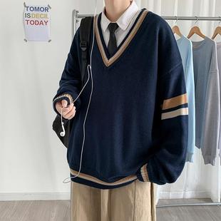 Spring and Autumn Hong Kong Style Color-Blocked Knitwear Men's V-Neck Japanese Style Retro Student Simple Korean Style Trendyy Ins Knitwear Jacket Bf