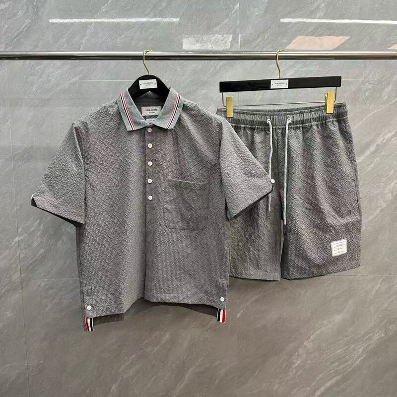 Factory Direct Sale Tb Seersucker Plain Shorts Ribbed Striped Lapel Short-Sleeve Plain Shirt Simple Casual Set