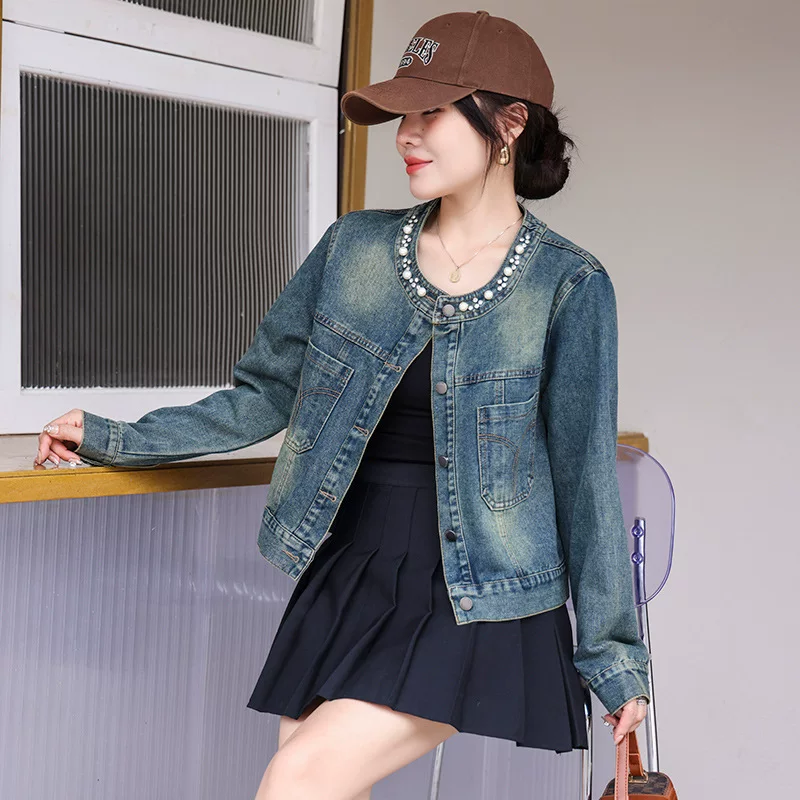Denim autumn retro jacket, 2024 years, simple cut