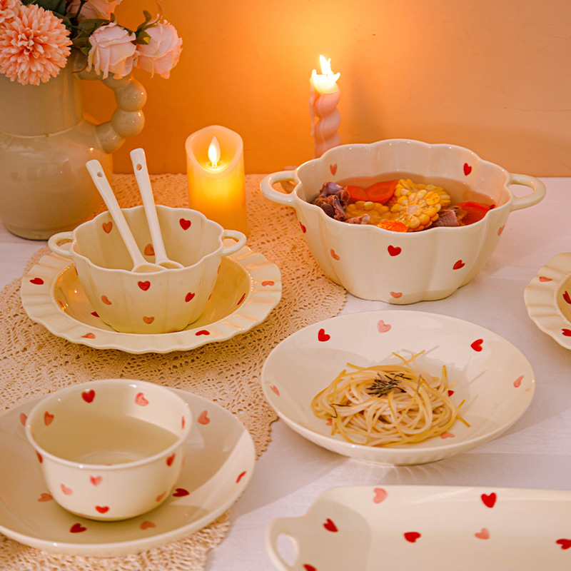Nueva vajilla de cerámica de amor de estilo crema, tazón de cerámica esmaltado de alto valor, tazón de sopa para el hogar, plato, juego de platos