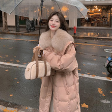 收腰大毛领粉色羽绒服女中长款小个子冬季2025新款轻薄高级感外套