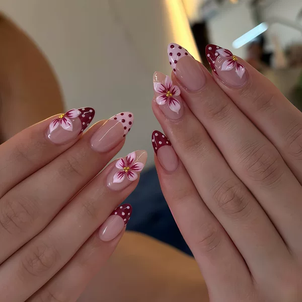 Elegant pink-brown 3D steel bead peach blossom polka dot press-on nails ins cross-border European and American nail art patches pressonnails