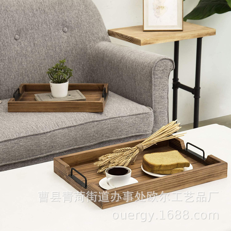 深棕色烧焦木嵌套托盘2件套美式复古酒店用木质托盘带手柄