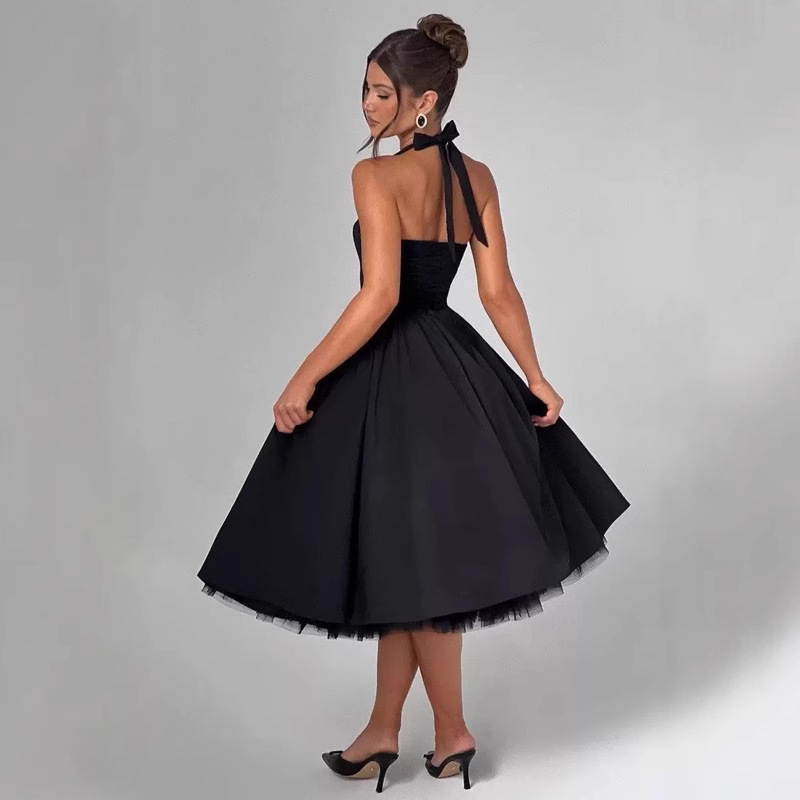 French Halter Neck Backless Dress Sexy Tie Up Midi Skirt Mesh Fabric Women's Clothing New_ecoleips.com