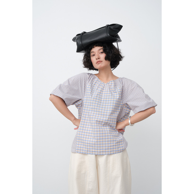 [Special Offer, No Refunds or Exchanges] Original Price 125 Yuan, Puff-Sleeved Shirt, V-Neck Plaid Short-Sleeved Top for Women, Summer 258500