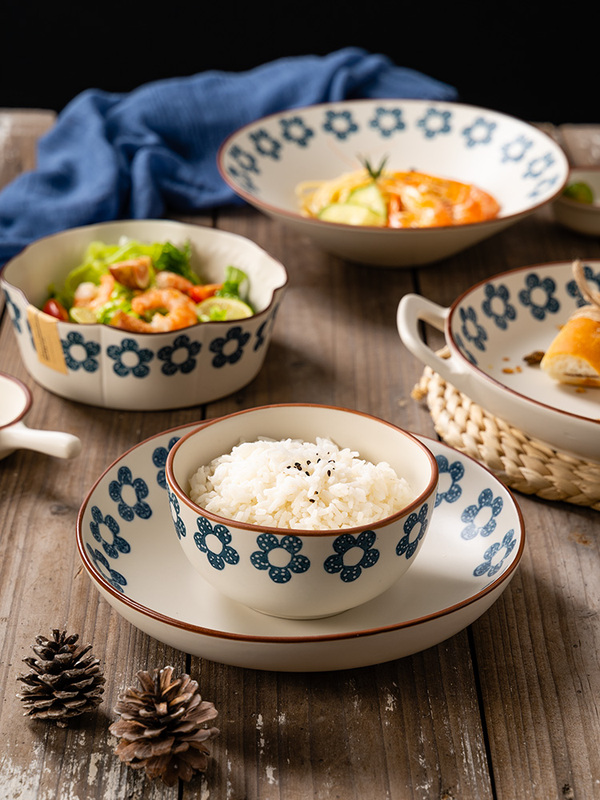 Japanese Tableware and Dishes Set Household Double-Eared Soup Plate Rice Bowl Ceramic Asymmetrical Salad Bowl Instant Noodle Bowl Stoneware