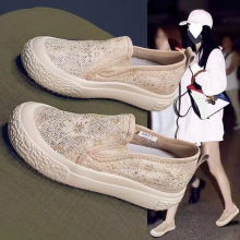 蕾丝渔夫女鞋2024夏季香风网面透气休闲鞋厚底懒人脚蹬单鞋