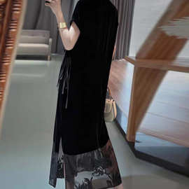 新品感气质中式改良黑色真丝金丝绒连衣裙斜襟系带拼接长款旗袍裙