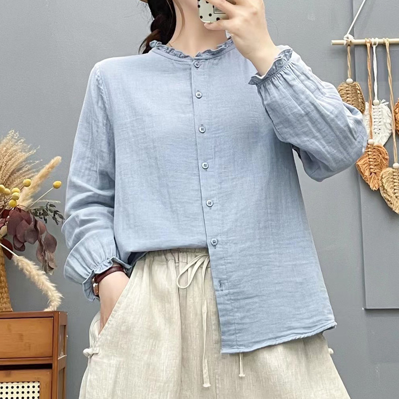 洋气女士衬衫春秋新款木耳领双层棉纱文艺减龄宽松简约纯色衬衣|undefined