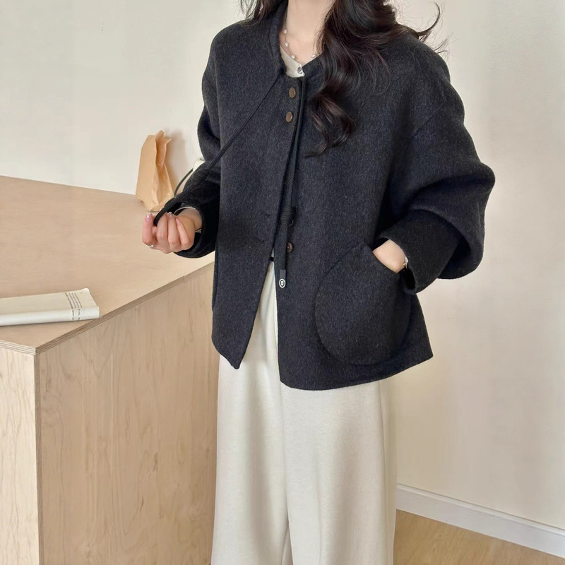 New Style Chanel-Inspired Double-Sided Wool Short Coat for Petite Figures, Round Neck, Single-Breasted, Elegant College Style Thickened Jacket