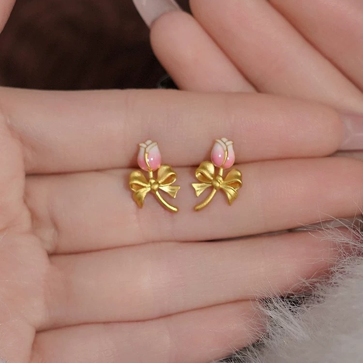 Sand Gold Enamel Tulip Earrings Fashion Temperament Gradient Flower Bow Earrings Valentine's Day Gift for Girlfriend_voghion.com