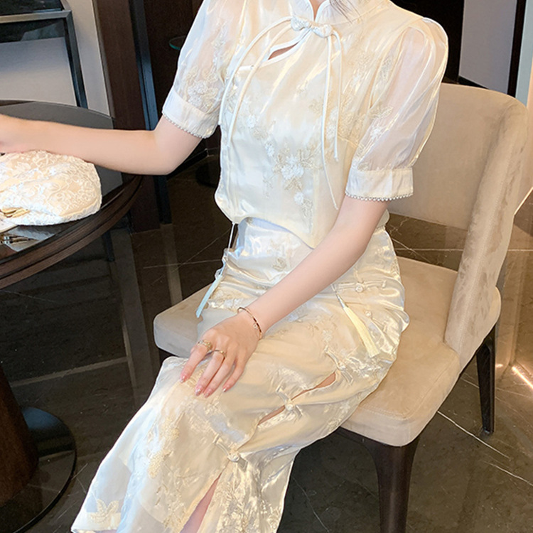 新中式国风盘扣绣花套装裙子女夏季改良旗袍上衣高腰半身裙两件套