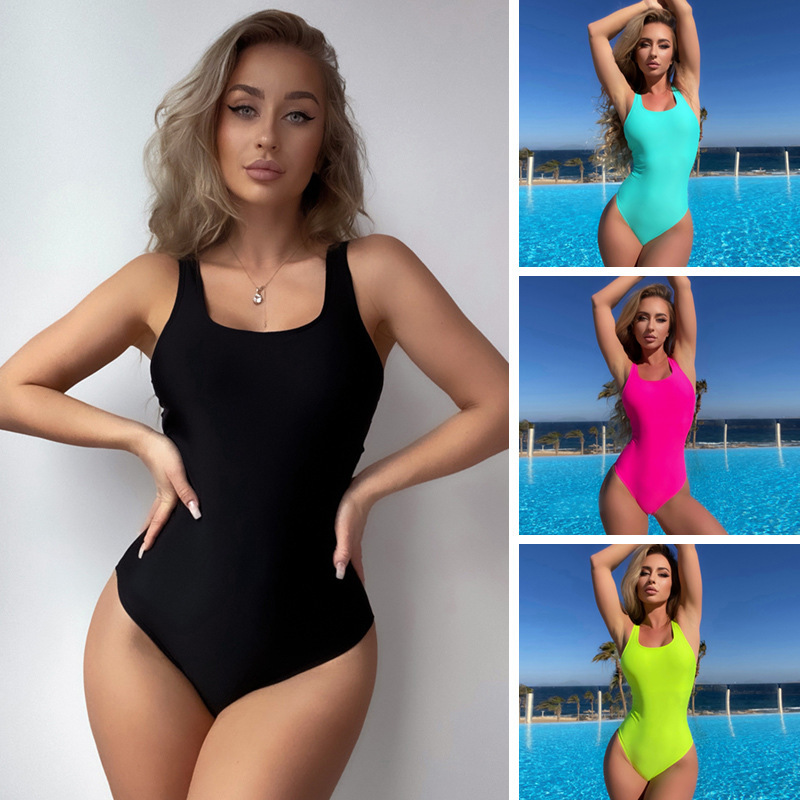 Swimwear 2024 New European and American Women's Sexy One-Piece Slimming Look Push-Up Pure Color Swimsuit