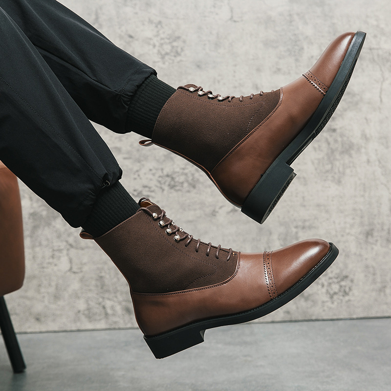 Botas de cuero de negocios de otoño y invierno transfronterizas para hombres europeos y estadounidenses botas de vaquero de gran tamaño de moda británico botas casuales de alto nivel de color sólido