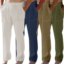 2022亚马逊跨境男士爆款外贸透气棉麻长裤时尚纯色简约男士休闲裤