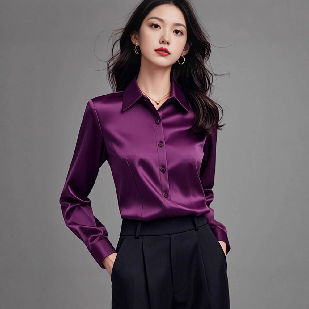 2025 New Autum High-End Professional Satin Purple Shirt Women's Long-Sleeved Formal Fashion Commuter Elegant Shirt