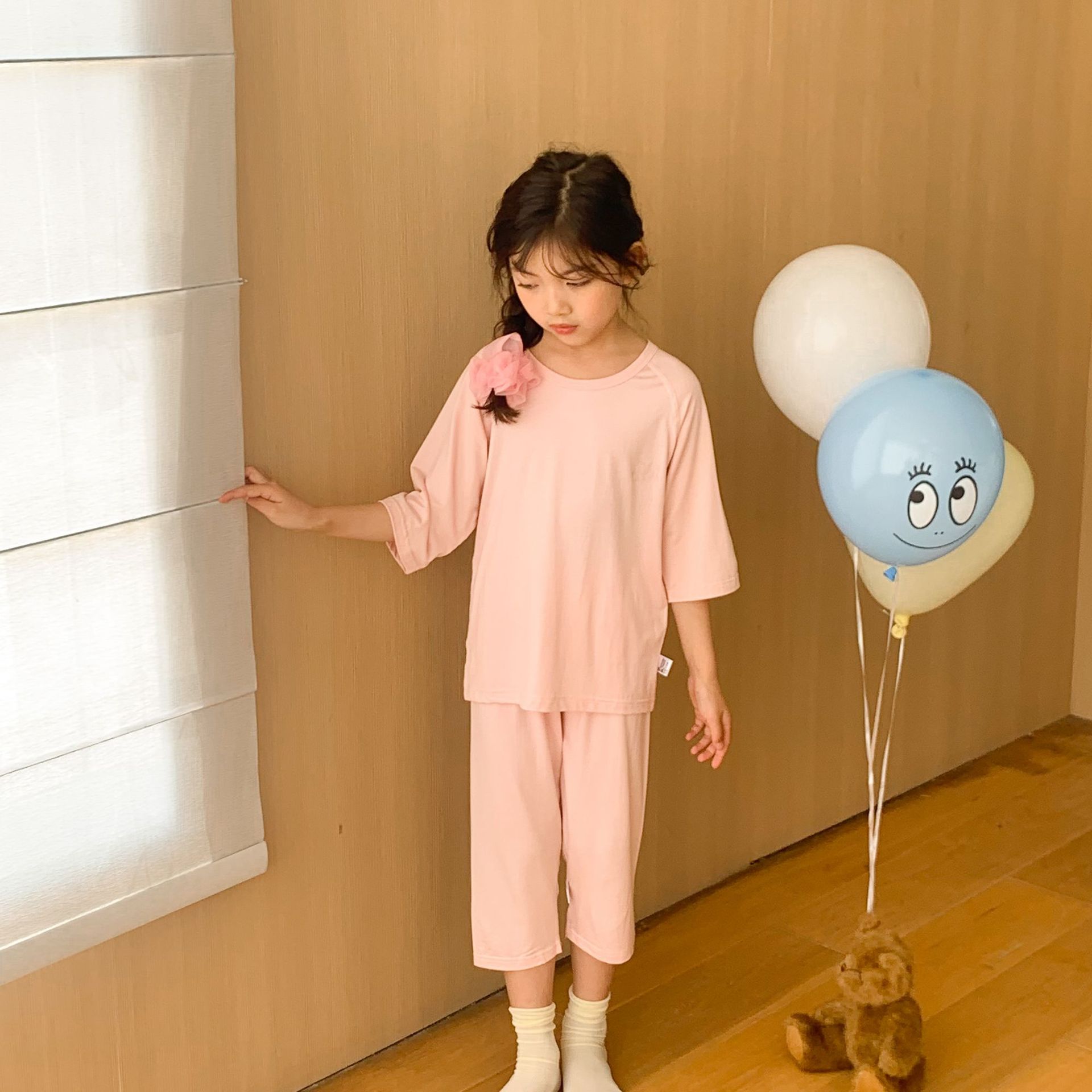 Pijamas de verano para niños sin hueso ropa de aire acondicionado delgada niña Tensi hombro conjunto de siete puntos ropa para el hogar bebé