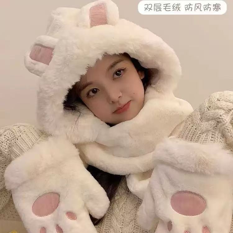 帽子围巾手套一体女秋冬季兔子耳朵小熊三件套可爱毛绒围脖雷锋帽|undefined