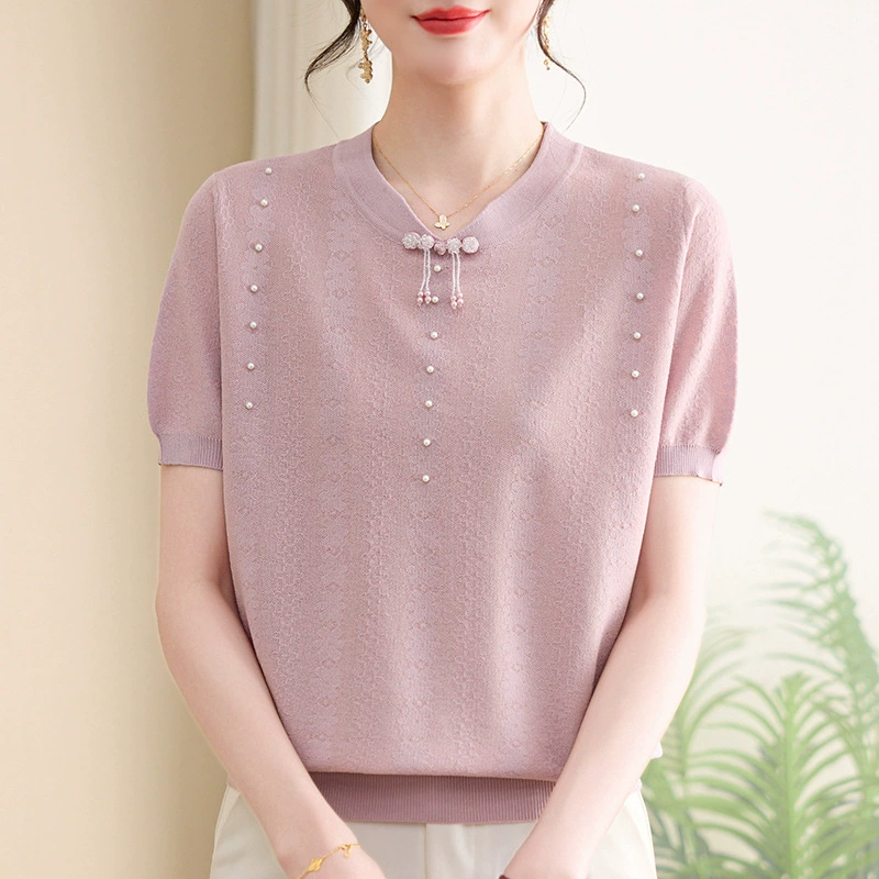 2025 Весенне-осенний модный вязаный свитер для мам, уменьшающий возраст, весенне-осенний новый осенний стильный топ для женщин среднего и пожилого возраста с круглым вырезом