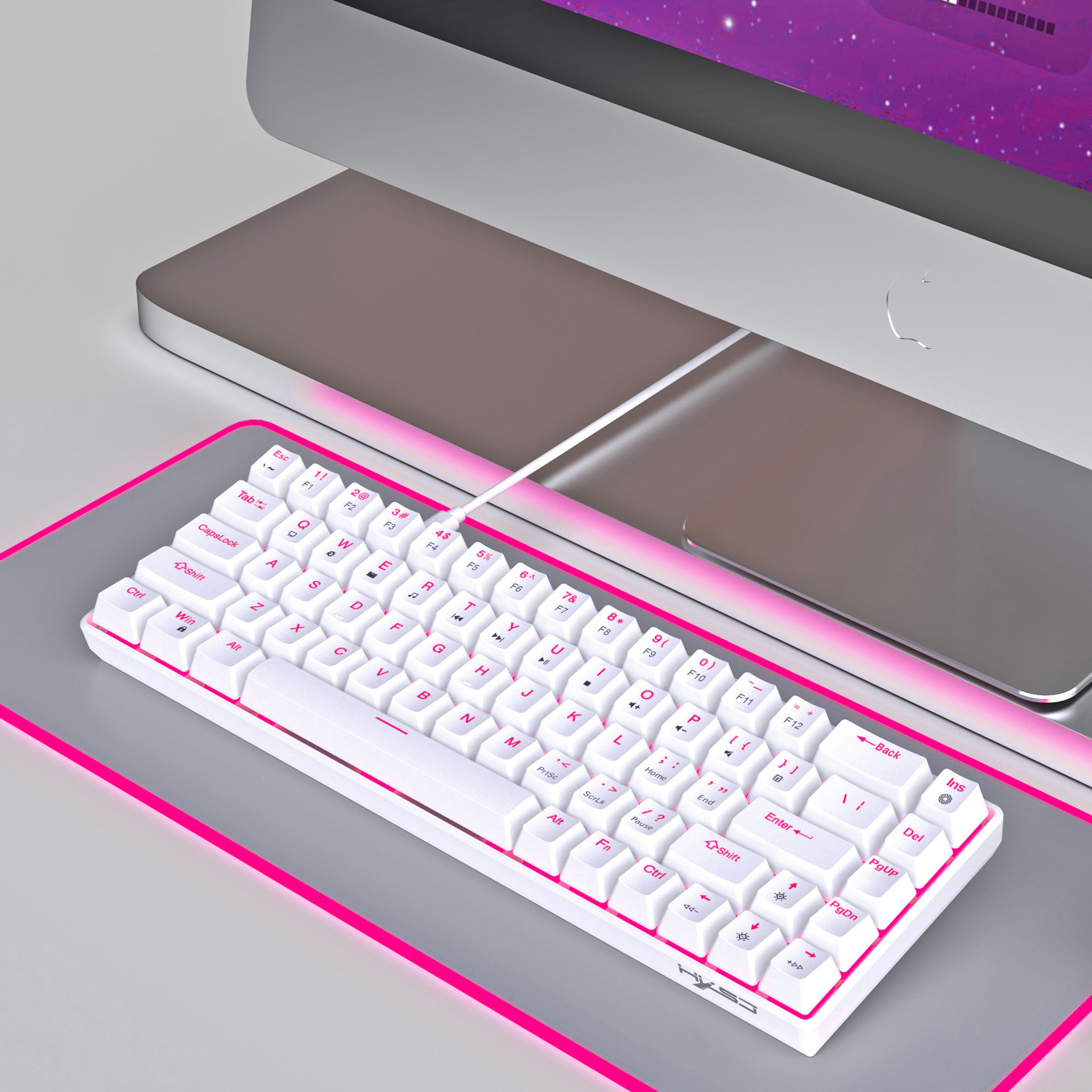 68 mechanical with separated and unplugged key wires, red axis dual color injection molded keycaps, pink lighting, wired_voghion.com