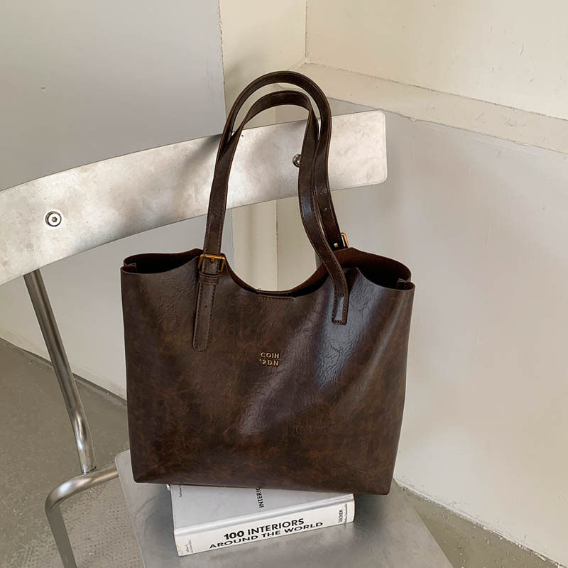 Túi tote nữ cỡ lớn phong cách retro, đựng nhiều đồ, có quai đeo vai và kẹp nách — Màu cà phê PU, PU đen, màu cà phê, đen chi tiết 15