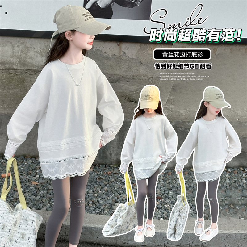 女童t恤2025秋季新款中大童时尚蕾丝花边打底衫韩版圆领休闲上衣|undefined