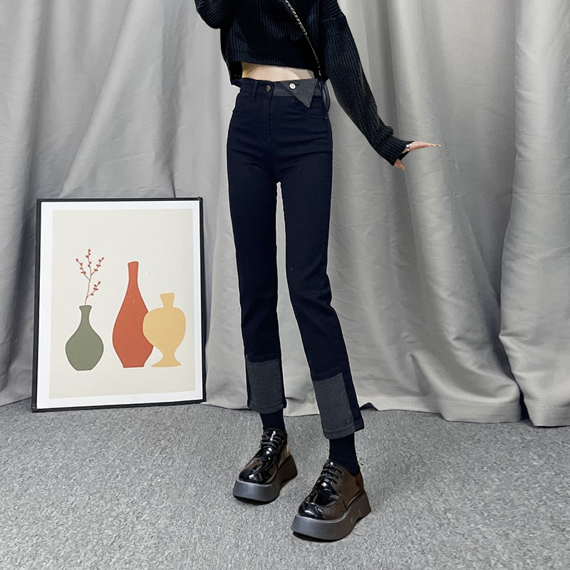 Black straight jeans for women, slim spring and autumn nine-point 2023 new high-waisted cigarette pants design niche