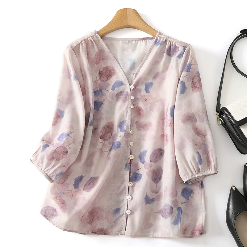 Рубашка с v-образным вырезом и принтом, летняя новая стильная женская рубашка-кардиган со средним рукавом в художественном стиле ретро