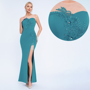 2025 Cross-Border Spring and Summer New Style Embroidered Mesh Splicing Ladylike Elegant Slit Long Skirt Dress Banquet Evening Dress