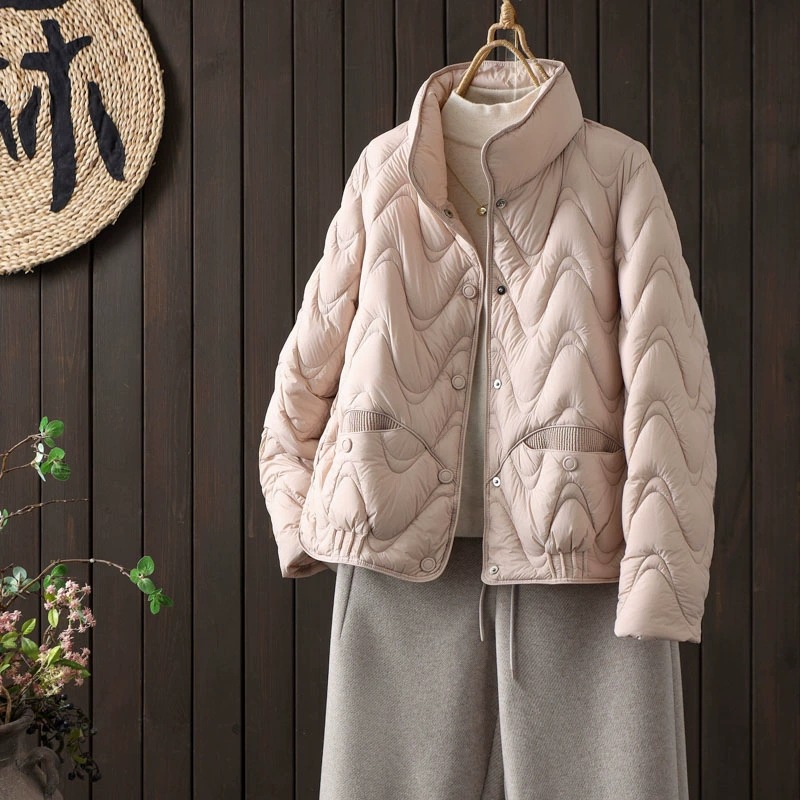 Artistic Stand Collar 90 White Duck down Lightweight down Jacket for Women, Korean Fashion, Stylish, Age-Reducing, Petite, Warm Coat