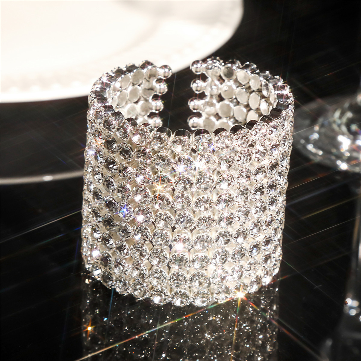 Adjustable Rhinestone Open Bangle For Women Elegant Diamond Bracelet_voghion.com