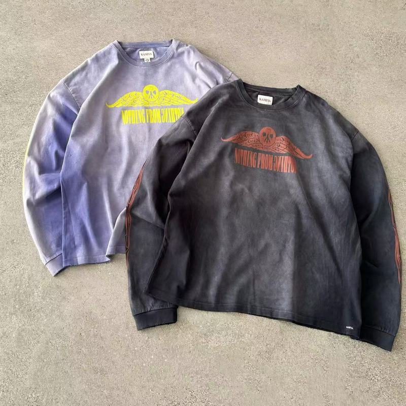 自主美式复古T-shirt火元素水洗款长袖T恤水洗破坏长袖宽松高街男|undefined