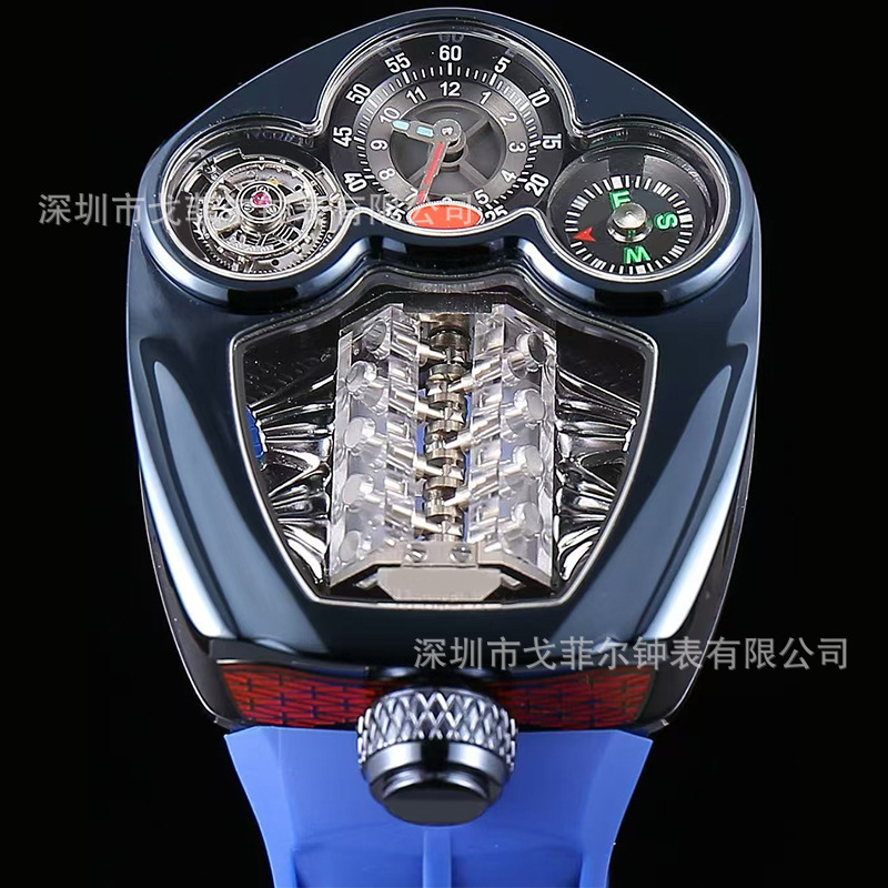 Bugatti-Style Engine Watch for Men, Barrel-Shaped, Swiss Movement, Waterproof, Skeleton Design, Fashionable Quartz Watch for Men