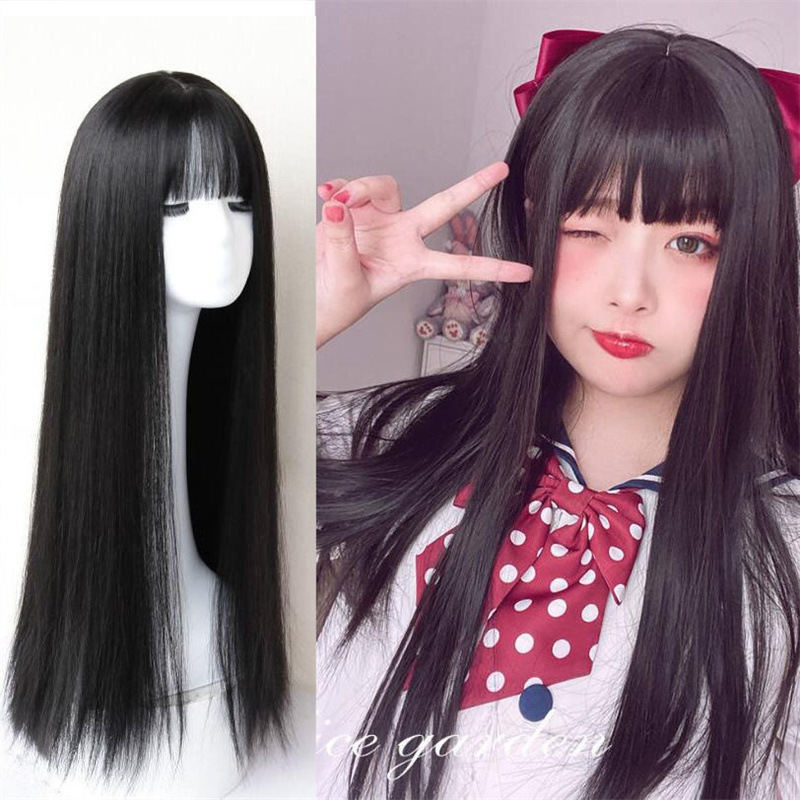 Peluca de fábrica mecanismo de seda de alta temperatura femenina pelo largo negro recto Bangs fibra química cubierta de la cabeza superior completa en stock simulación pelo largo