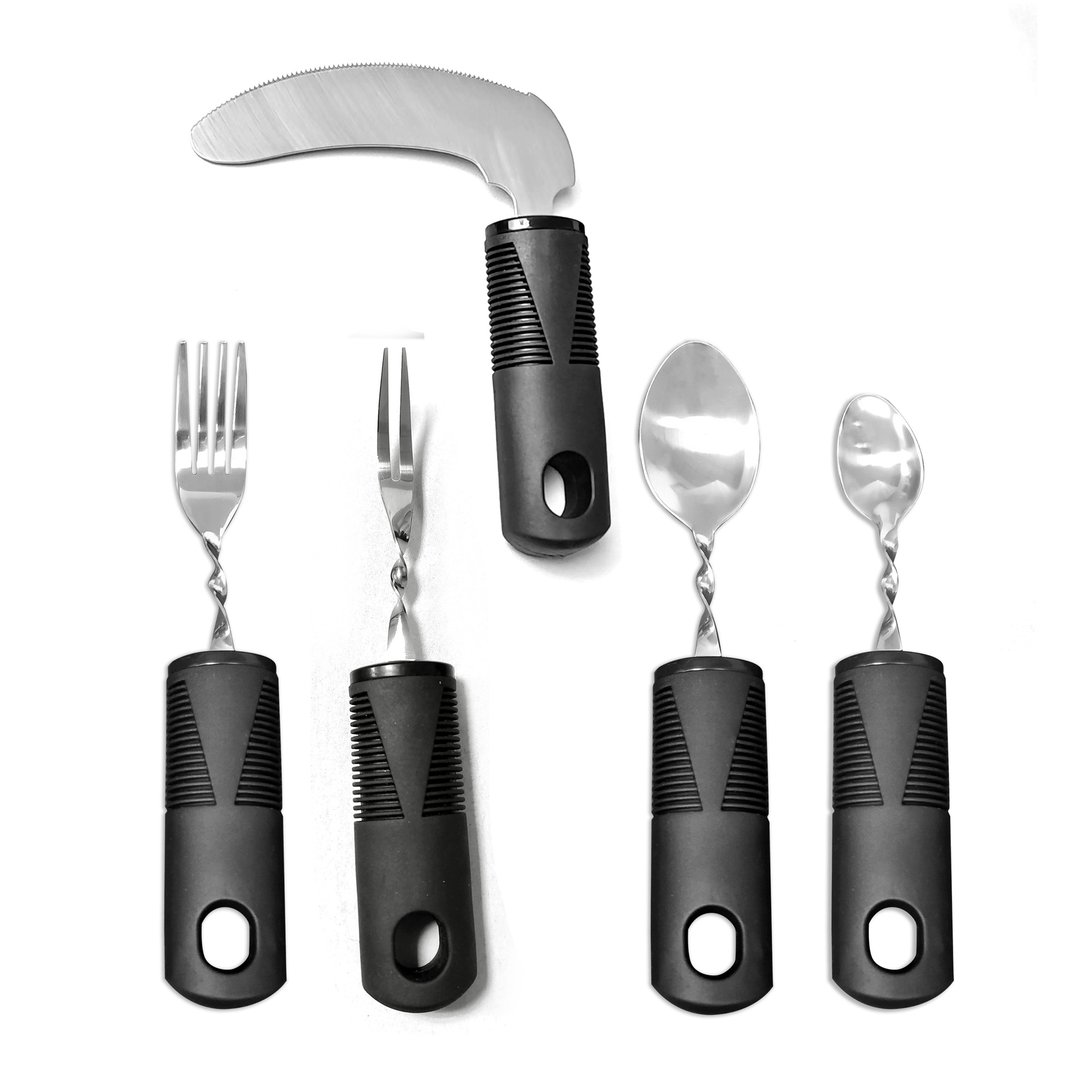 Mango transfronterizo de caucho y plástico de acero inoxidable antivibración, plegable adaptable y doblado para ancianos, vajilla de rehabilitación de alimentos, juego de cuchillos, tenedores y cucharas