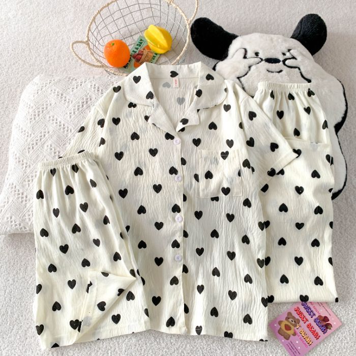 Volumen de carrera transfronterizo verano nuevo pijama amor de las mujeres pantalones cortos largos de manga corta traje de tres piezas de algodón nube ropa de hogar se puede usar afuera