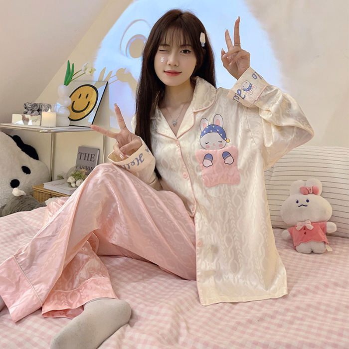 Estilo coreano ins Net estilo rojo pijamas de Seda Hielo Las Mujeres Otoño e Invierno manga larga dibujos animados lindo dulce chica desgaste del hogar traje