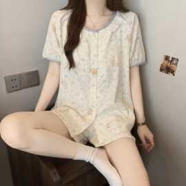带胸垫睡衣女夏季新纯棉甜美碎花短袖短裤开衫套装家居服薄