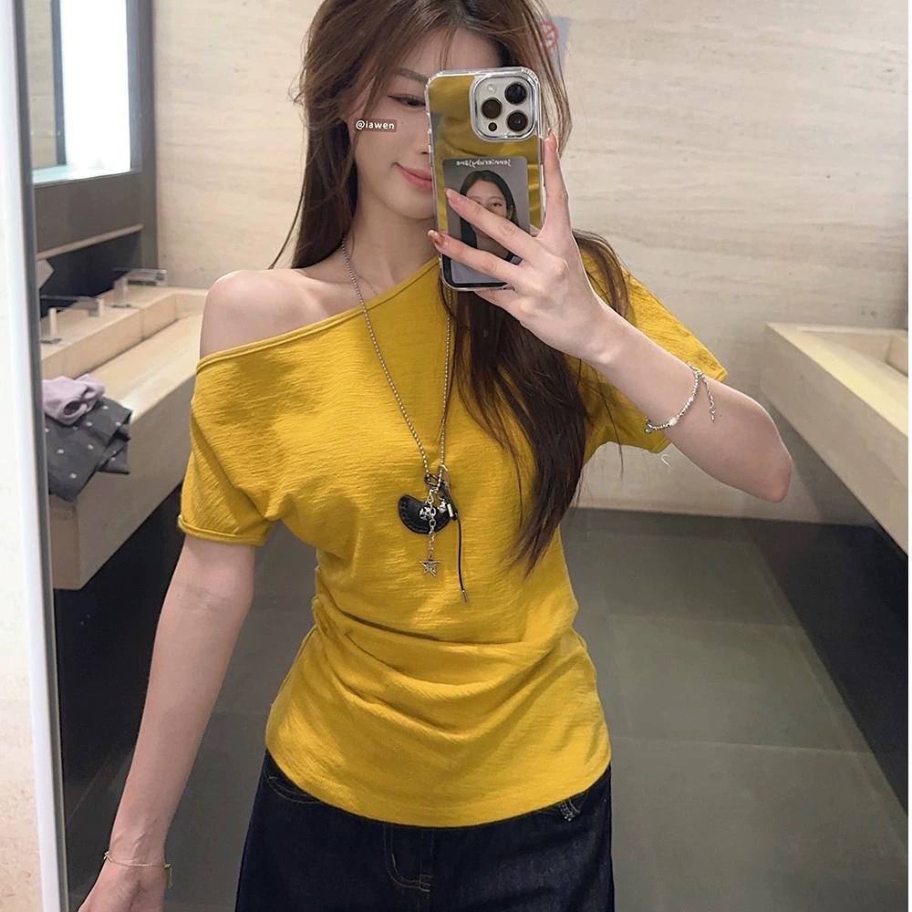 Большой размер толстый мм корейская версия chic текстура с диагональным воротником с открытыми плечами футболка с короткими рукавами женская летняя чистая стройная топочка