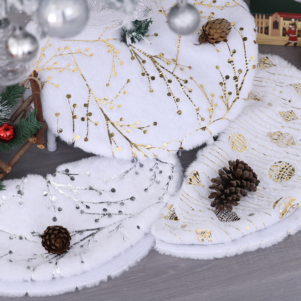 跨境新款圣诞金银小号树裙烫金印白色仿兔短毛绒圣诞树底装饰品